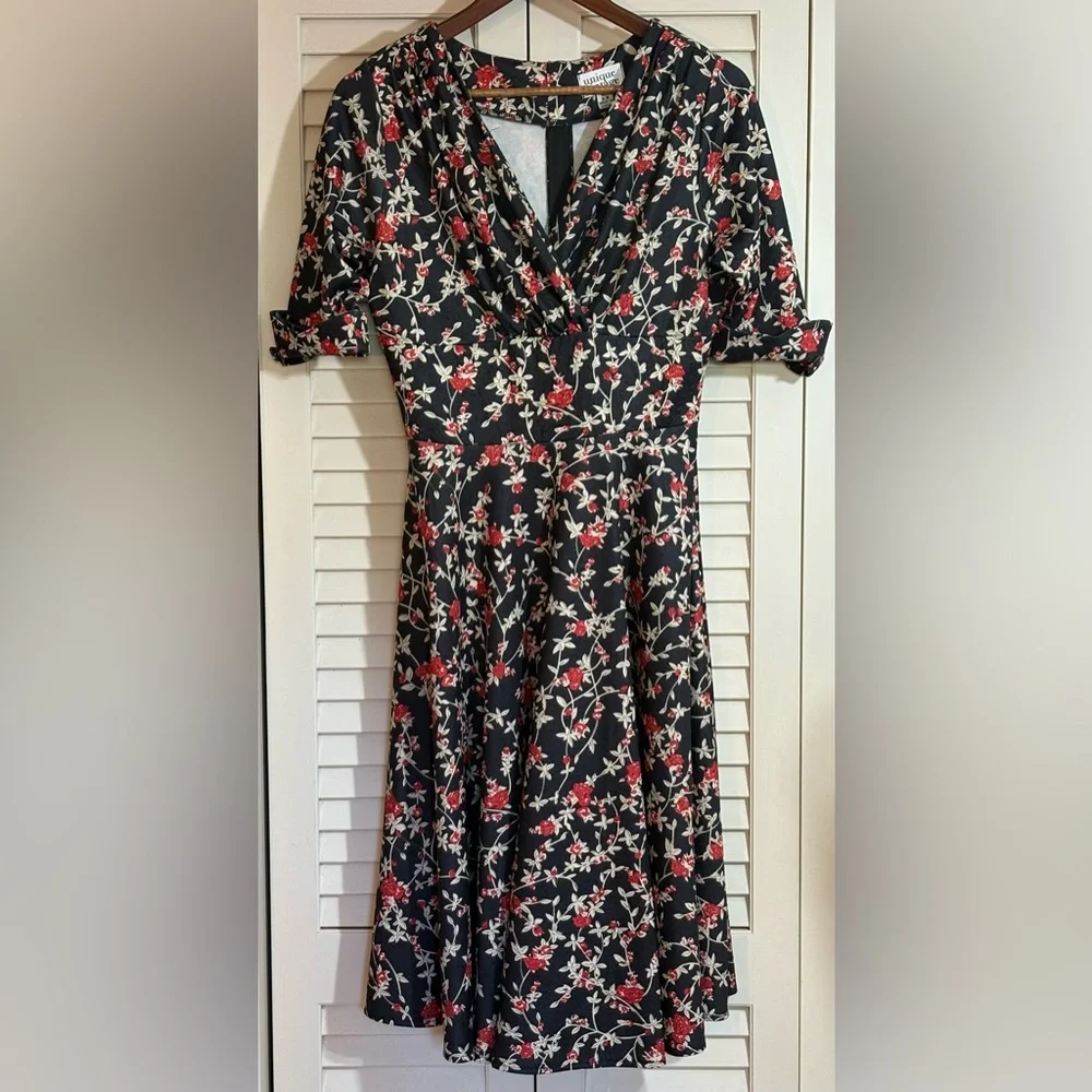 Unique Vintage | Dresses | Unique Vintage M 68 Black Red Floral Midi  Secretary Fit Flare Dress | Poshmark